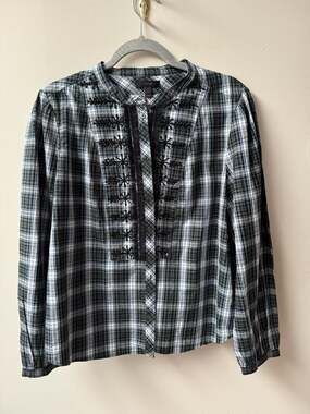 J.Crew Embellished Plaid Button-Up Blouse in Forest Tartan